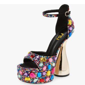 FSJ Gems Platform Chunky Heel Open Toe Crystal Ankle Strap Sandals Party Shoes